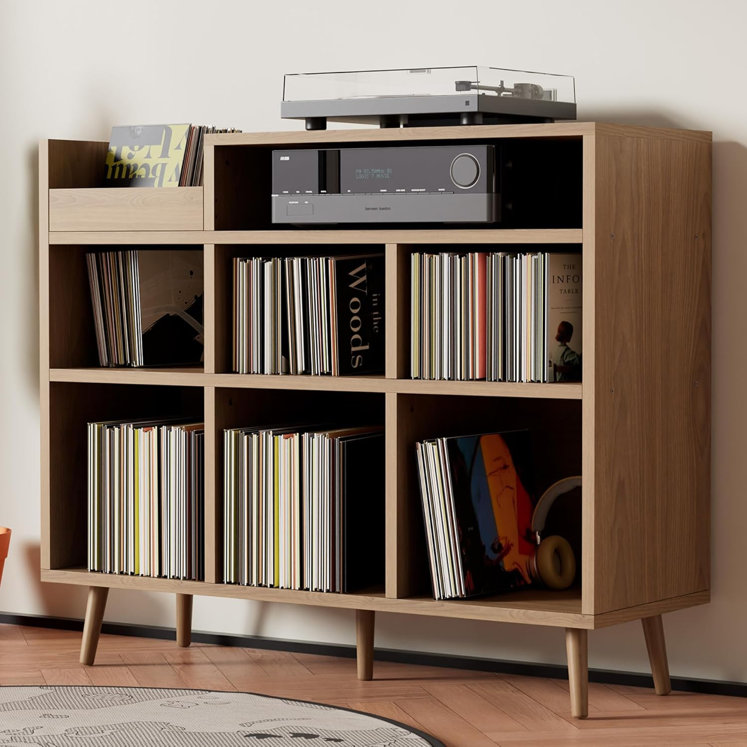 Turntable Stand with Storage for 500 Vinyl Records, Wooden Record Player Shelf-image