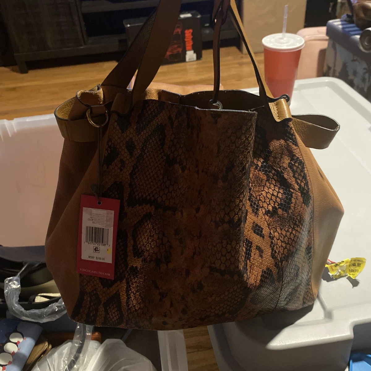 Vince Camuto Caramel Snake Embossed Leather Tote Purse w Crossbody Strap