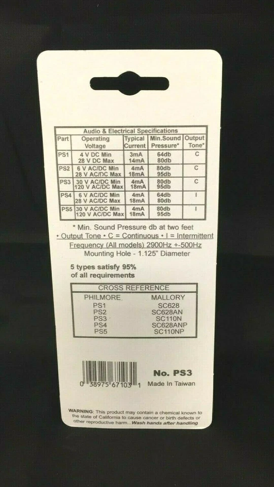 Zumbador de audio electrónico Philmore PS3 30-120VAC/DC 4-18mA 1,125" diámetro 80-95DB Cont Foto 2 de 2