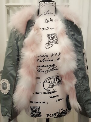 Mr & Mrs Italy Khaki Olive Green Bomber Jacket Coat Pink Fox Fur