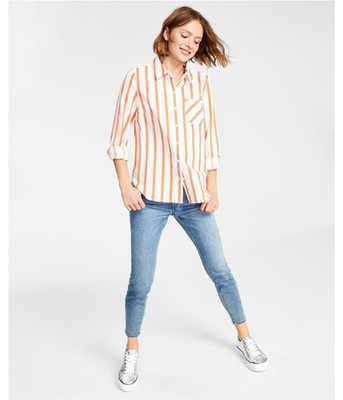 Tommy Hilfiger Womens Roll-Tab Button Up Shirt, Orange, Medium