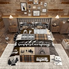 Camper Patchwork Size Comforter Set,Happy Camping Cabin Hunting Full Camping 07