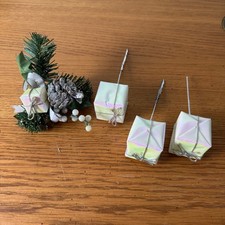 Christmas Tree Picks Glitter Pinecone Holly Gift Box Ornaments 4 Pc