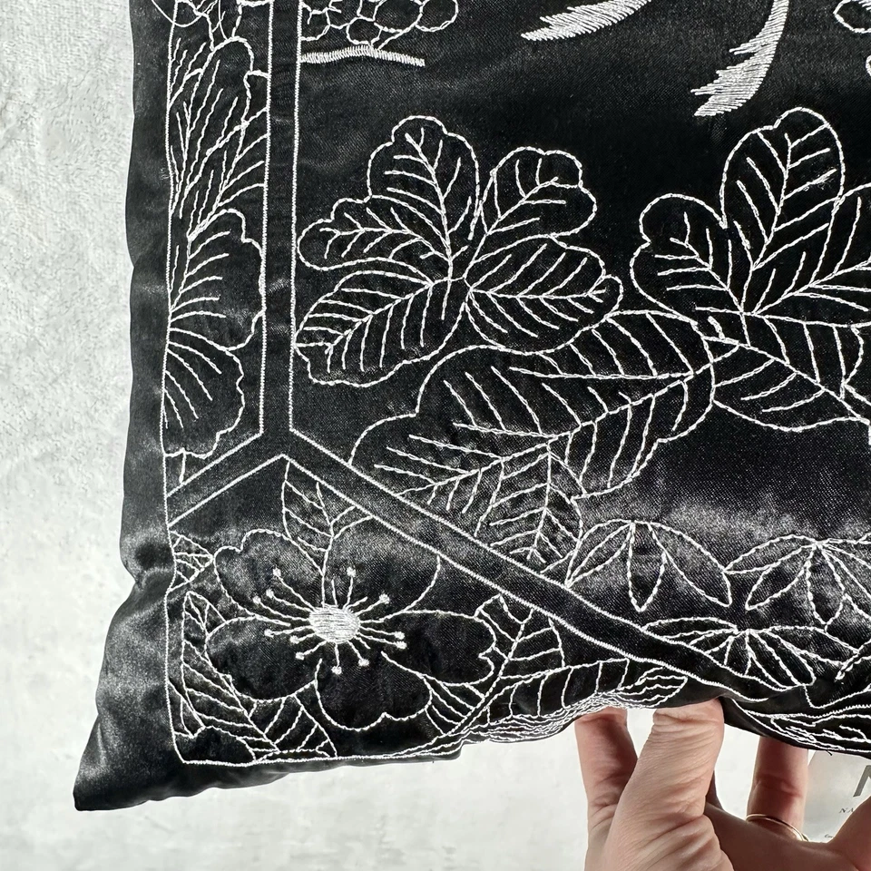 Natori Pillow Black Embroidered Crane Satin Square 15 x 15 Romantic Gothic - Image 3 of 4