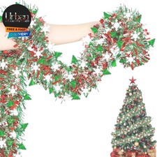 32.8Ft Christmas Snowflake Tinsel Garlands, Red Green Glittering Metallic Twi...