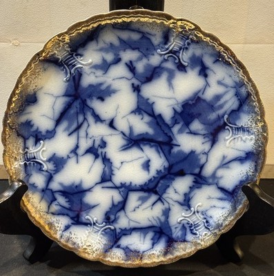 Antique Warwick China Cracked Ice Flow Blue 9.5  Plate Gold Gilt Scalloped Trim