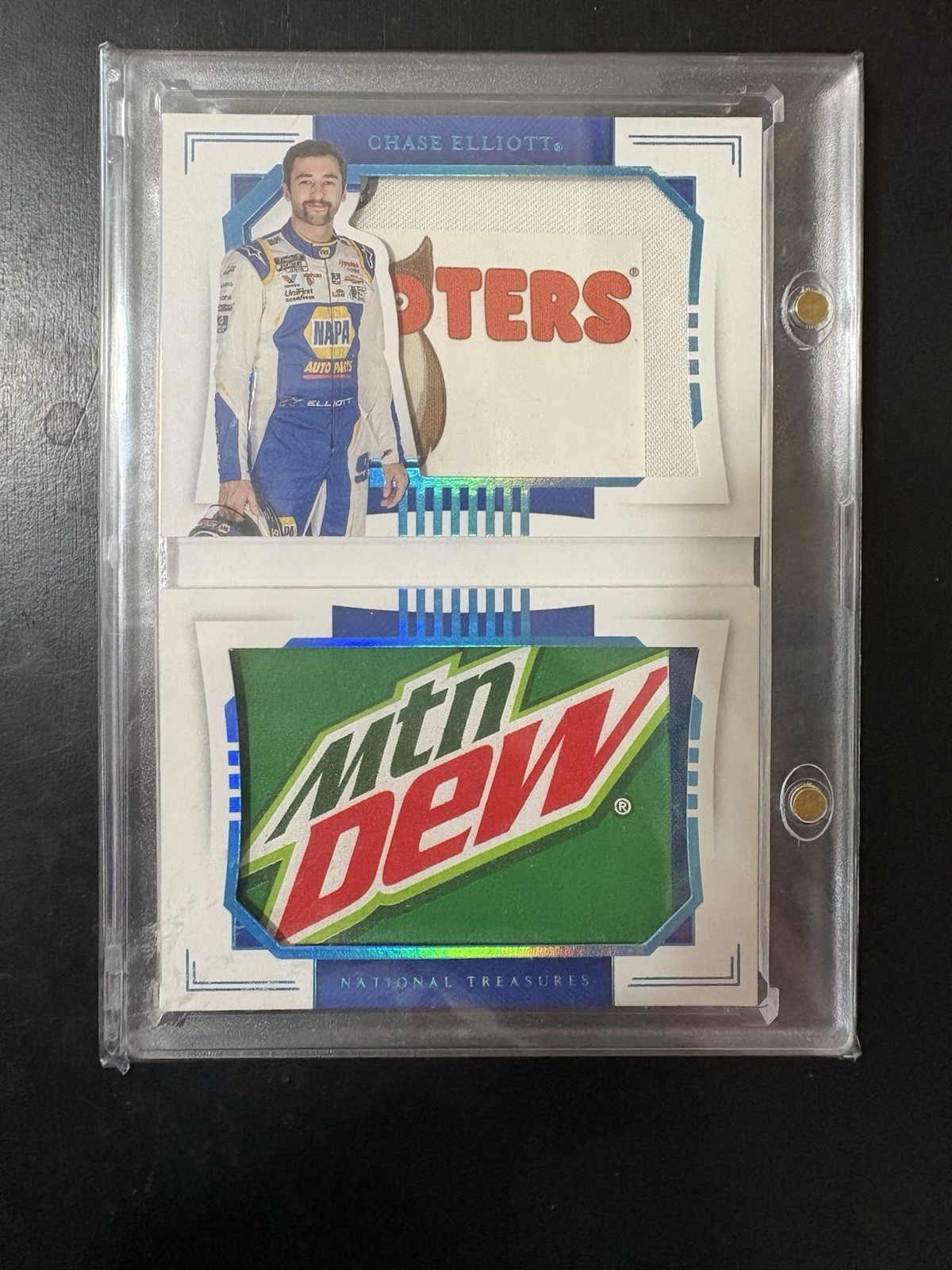 Chase Elliott 1/1 National Treasures Set Booklet Dual Patch Hooters/Mt Dew view 1