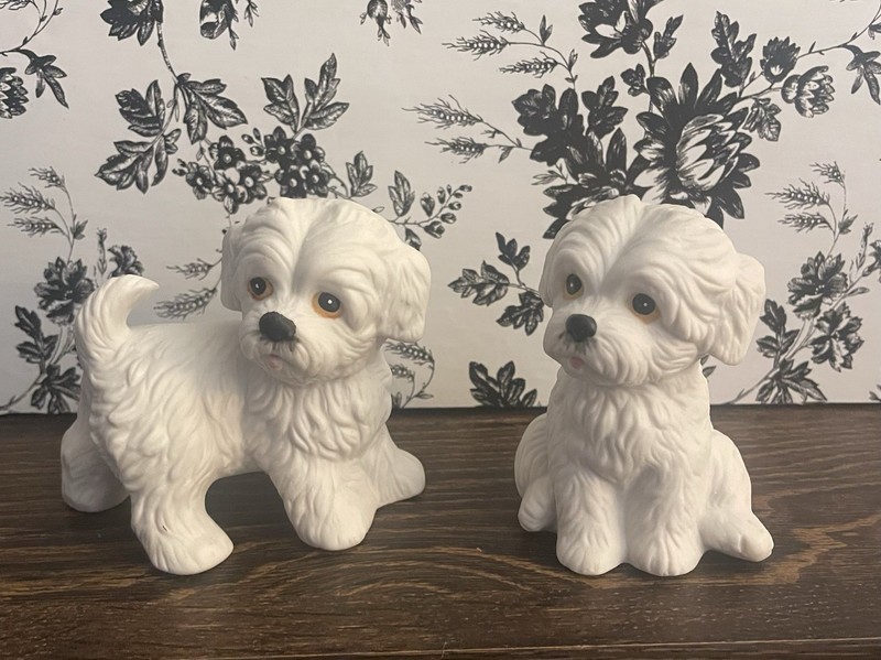 Maltese Dog Ceramic Figurine Set of 2 Collectible White Home Decor Ornament