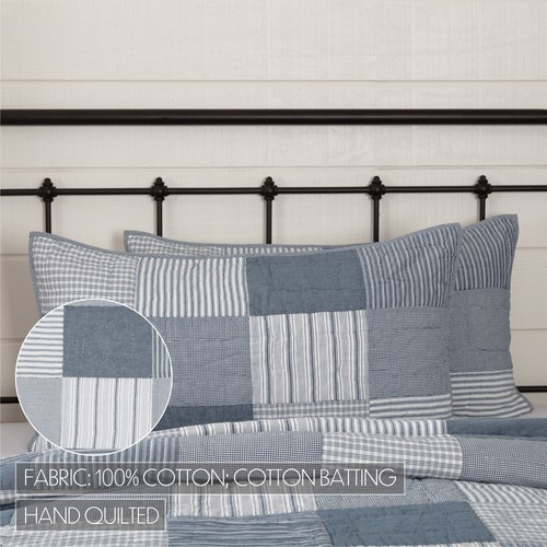 VHC Brands Farmhouse King Sham Blue Patchwork Sawyer Mill Chambray Bedroom Decor - Picture 2 of 6