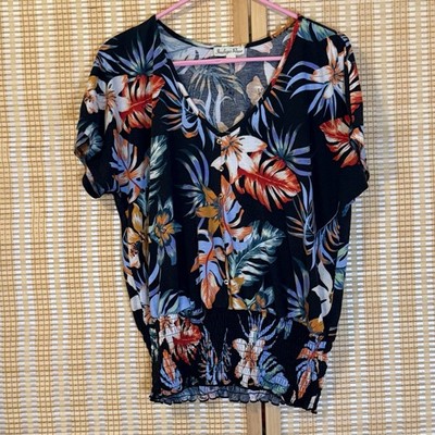 Indigo Rose Womens L Top Multi Smocked Bottom Floral Tropical Vacation Granny