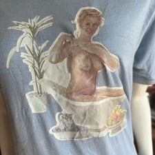 Vintage Single Stitch Photolith 1970s Naked Woman Bath T-Shirt Small Blue Unisex