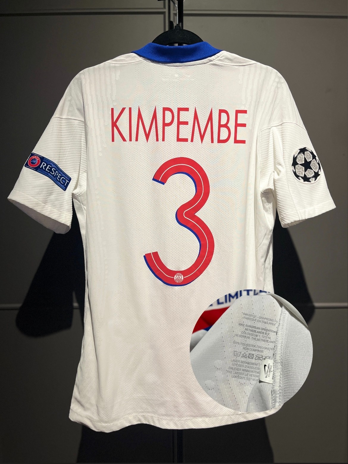 Maillot PSG Stock Pro 2020/2021 Away Kimpembe 3 Player Issue LDC UCL blanc