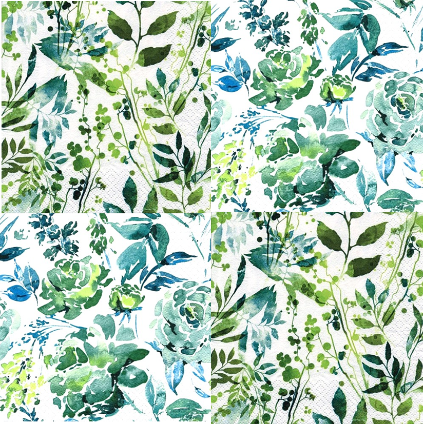 4 x Mixed Set Paper Napkins/3Ply/33cm/Decoupage/Leaves in Assorted Greens