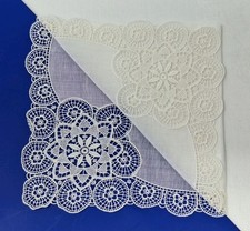 Gorgeous Ivory Mandala Lace Edge Linen Wedding Swiss Made Hankie FREE SHIP