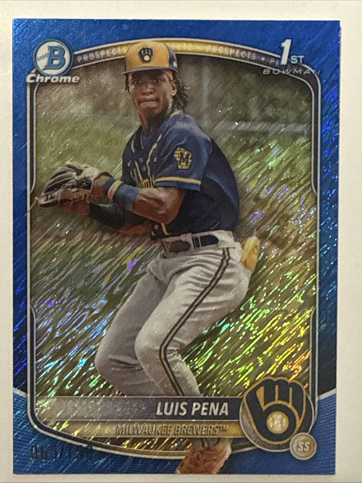 LUIS PENA 2025 Bowman Chrome Prospects 1st Blue Shimmer Refractor /150 Brewers