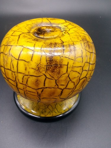 RAKU- HAND BLOWN VASE 3.5''T X 4'' DIAMETER YELLOW AND BLACK - Picture 6 of 6