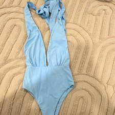 Women s Blue Solid Halter Backless Plunge One-Piece Swimsuit, Size S
