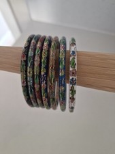 Vtg Cloisonne Bangles Set of 7 Floral brass E...