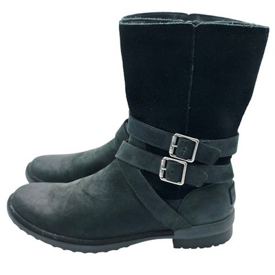 UGG Simmens Boots Women 9.5 Black Leather Suede Buckle Moto Winter Footweat Warm