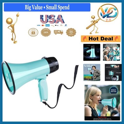 20W Portable Megaphone with Siren & Recording, 6V Battery, 300 Ft Teal