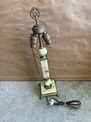 Antique Art Deco Onyx Brass Stone Onyx Table Lamp Dual Pull Chain