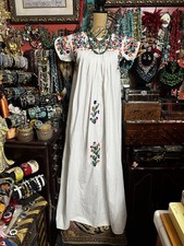 Beautiful 1970s Oaxacan White Dress Multi Color Embroidery White Crochet L