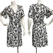 ANN TAYLOR Women's Black White Garden Floral Flutter Sleeve Wrap Dress Size 2