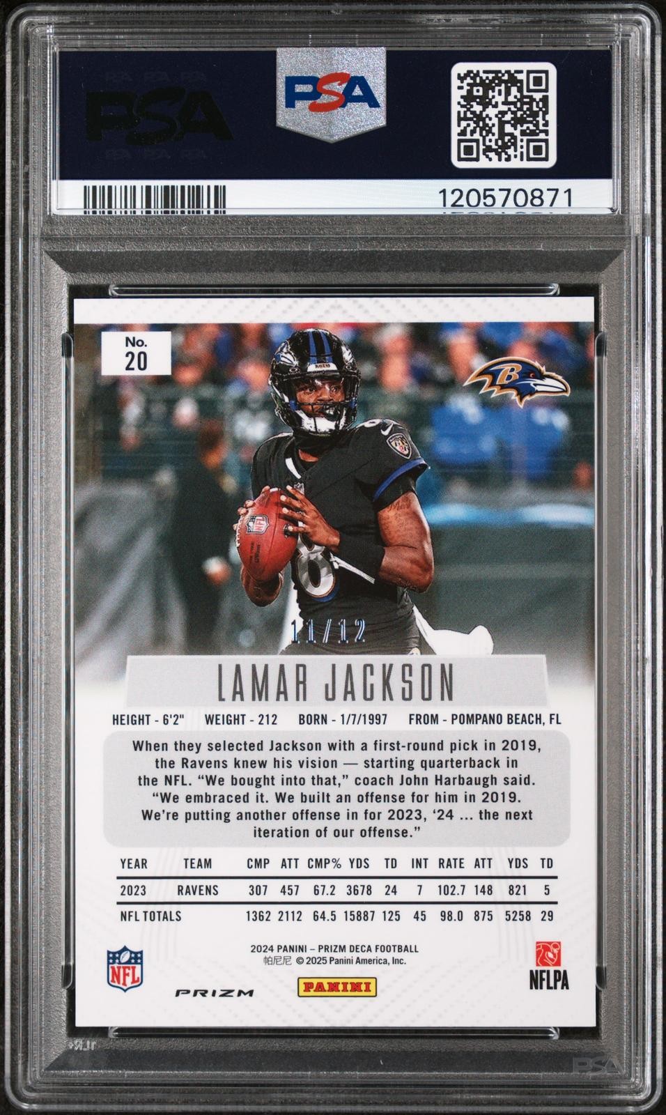 2024 Panini Prizm Deca Lamar Jackson Green Shimmer FOTL /12 #20 PSA 9 Ravens view 2