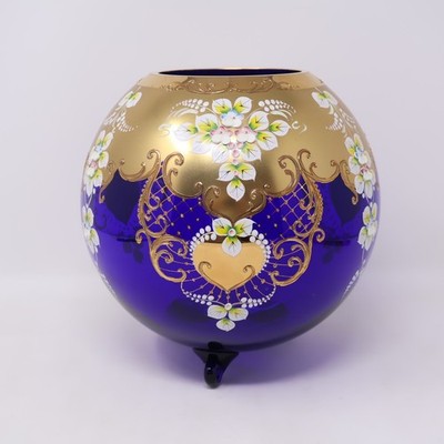 Bohemian Czech Glass Crystal Cobalt Blue Globe Vase Gold Enamel Flowers Footed