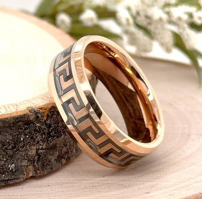 8mm Rose Gold Tungsten Christmas Ring Black Greek Key Inlay Scratch-Free Ring