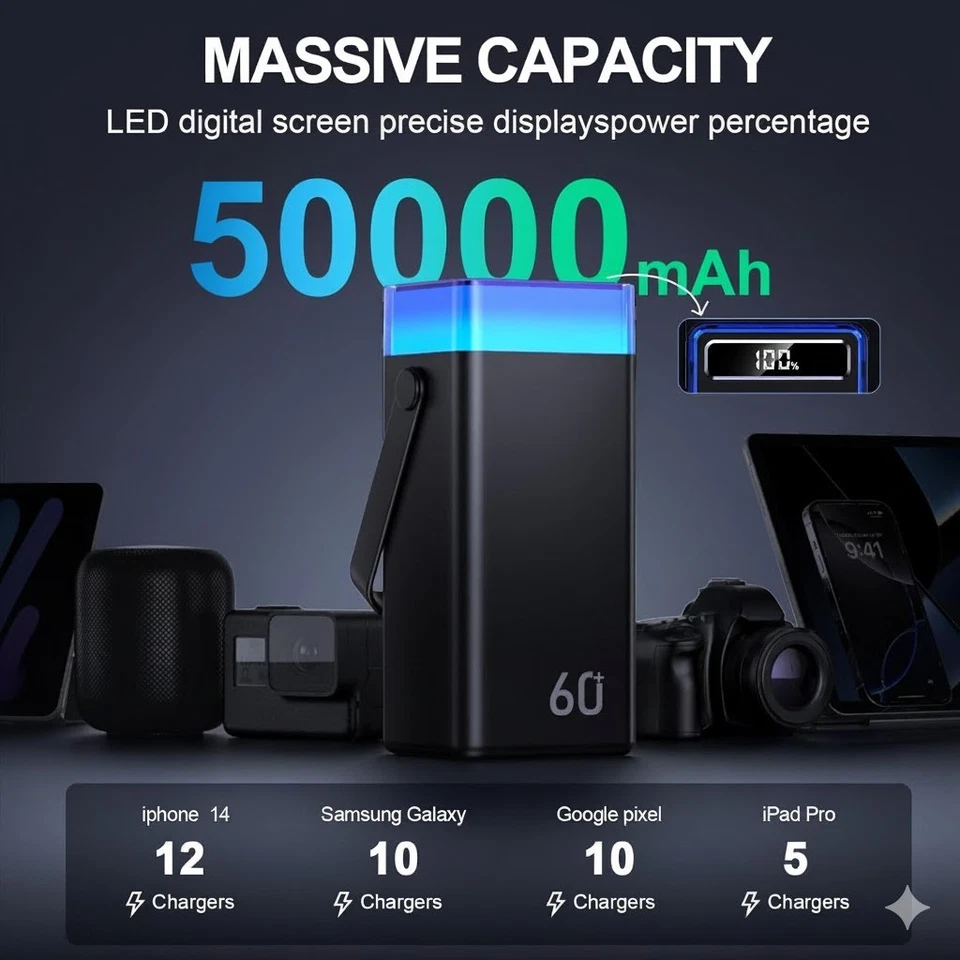 Banco de alimentación portátil 50000 mAh 22,5 W carga rápida cargador de teléfono camping al aire libre Foto 2 de 4