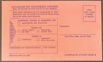 US PO Department Change of Address Form 3575 Jan 1967 *d | eBay