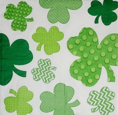 2 Individual Paper Decoupage Beverage Napkins - #88 Funky Green Shamrocks