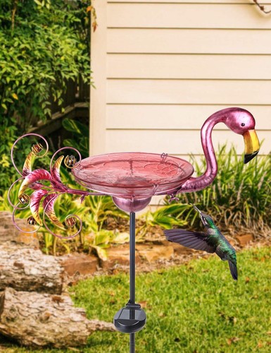 Outdoor Bird Bath Solar Birdbath Small Birdfeeder With Flamingo Metal Stake For - Picture 5 of 7