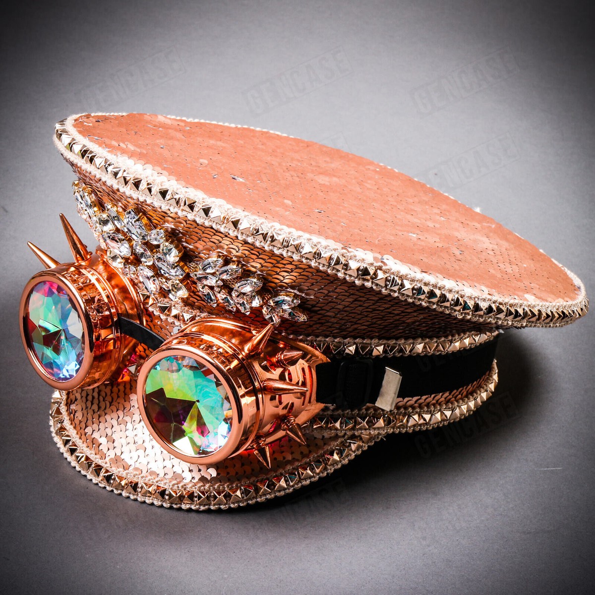 Rose Gold Burning Man Captain Top Cap w/ 3D Goggle Rose Gold Sequin Festival Military Burning Man Captain Hat +  main image 3