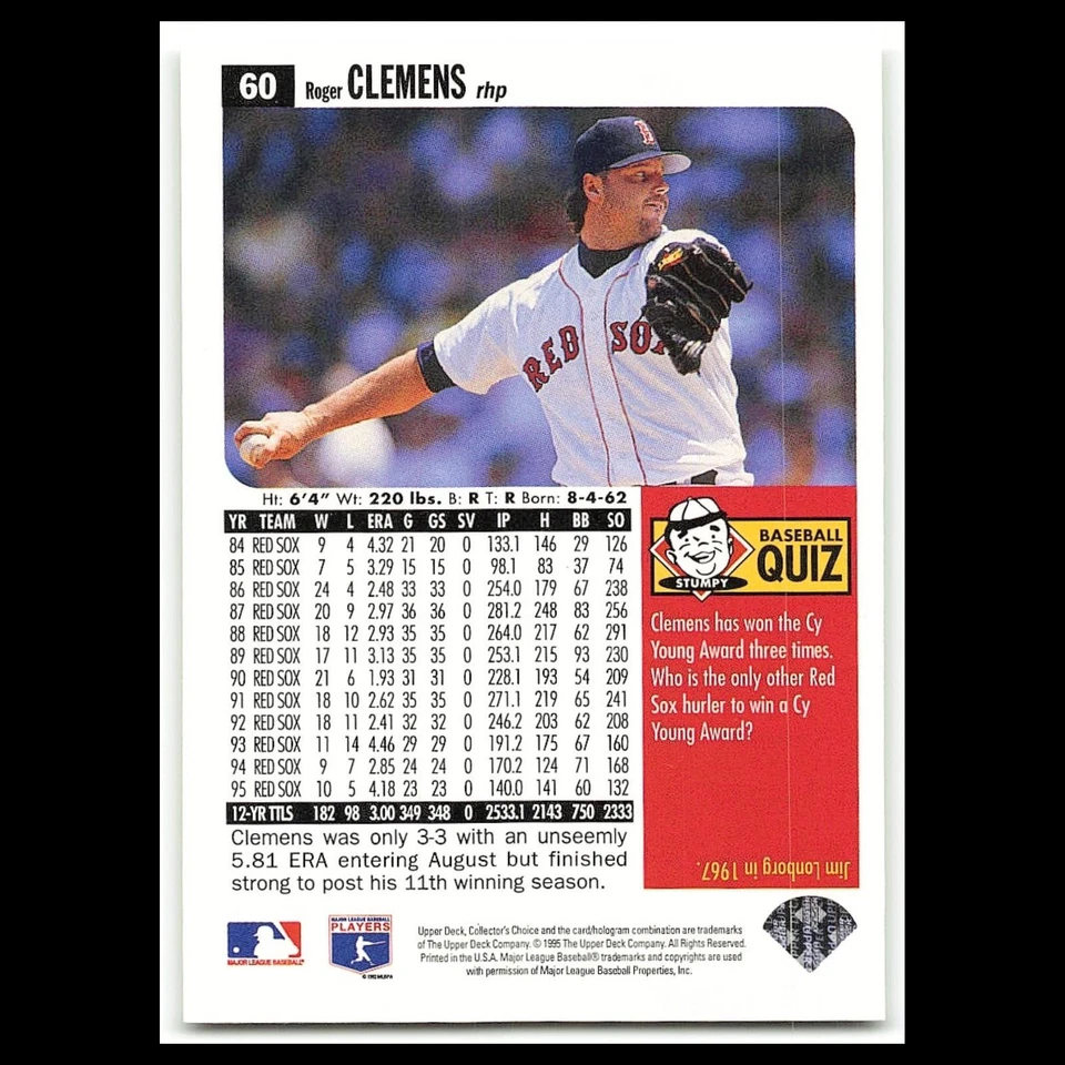 Roger Clemens #60 1996 Collectors Choice Boston Red Sox Baseball Card MLB NM - Image 2 of 3