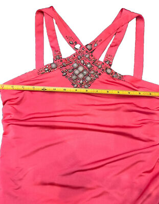   Cache Womans Tank Top Dark Coral Jeweled Beaded Strappy Gathered Lined Sz M