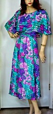 VTG 70s Cape Sleeves Pleated Waist Stain glass Print Formal Dress