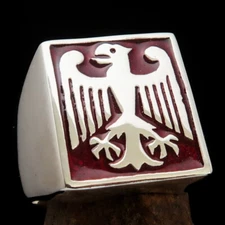 MENS STERLING SILVER BIKER SEAL RING GERMAN EAGLE COAT OF ARMS RED - SIZE 9