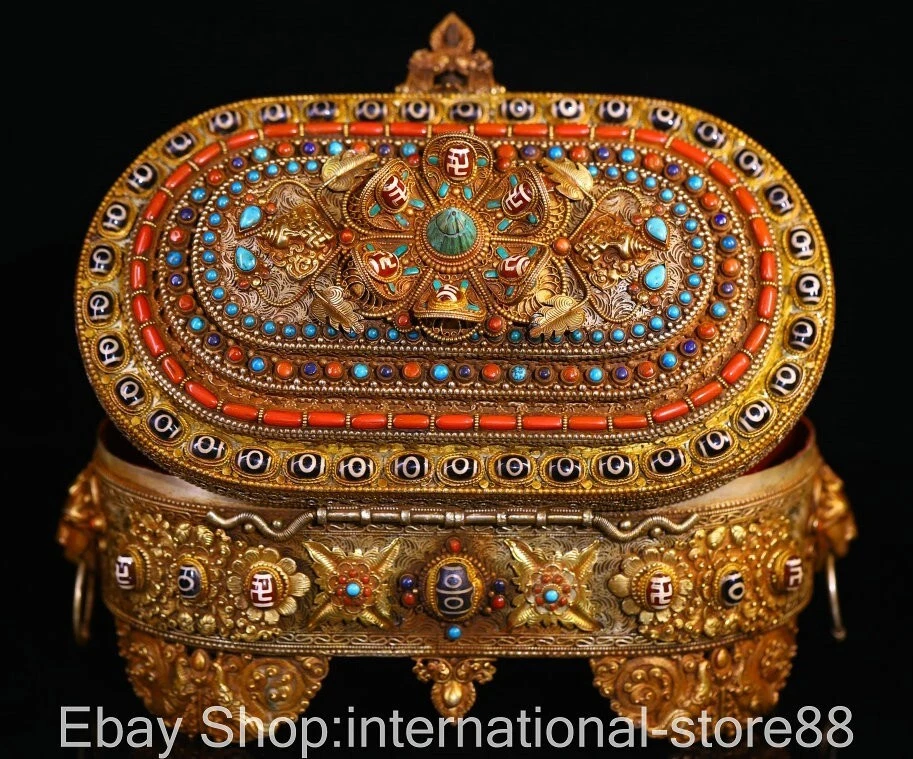 Antigua caja de 12" con incrustaciones de plata de filigrana china Tianzhu Dzi con patrón de flores Foto 4 de 4