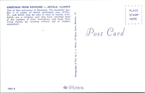 Postcard Arcola Illinois Greetings from Rockome Gardens Amish Entrance - Picture 2 of 2