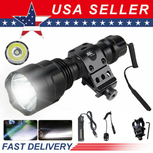 Tactical LED Flashlight Torch Hunting  Light Rifle Picatinny Mount w/ Battery