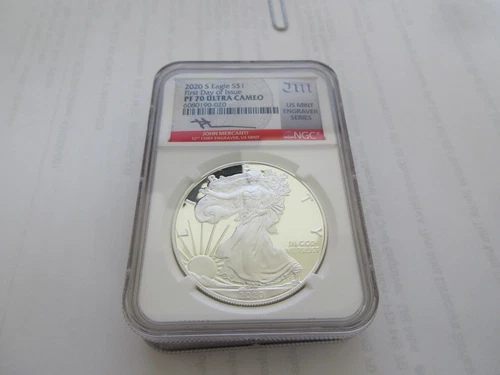 2020 S PROOF SILVER EAGLE NGC PF70 FIRST DAY OF ISSUE MERCANTI ENGRAVER SERIES