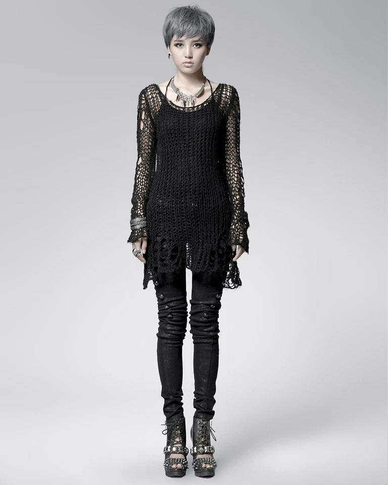 Punk Rave Womens Gothic Grunge Shredded Open Knit Sweater Top Black Distressed - Image 4 of 4