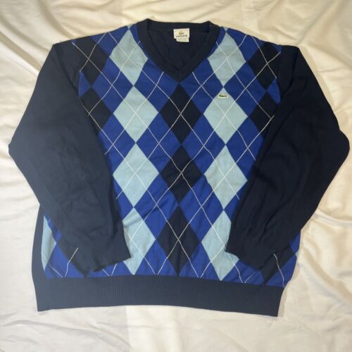 Lacoste Men's Sweater Size 7 Blue Argyle Print V … - image 1