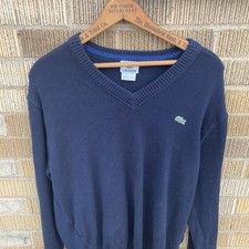 Vintage Lacoste Logo Navy Blue V-Neck Sweater Preppy Classic - Size 5/L
