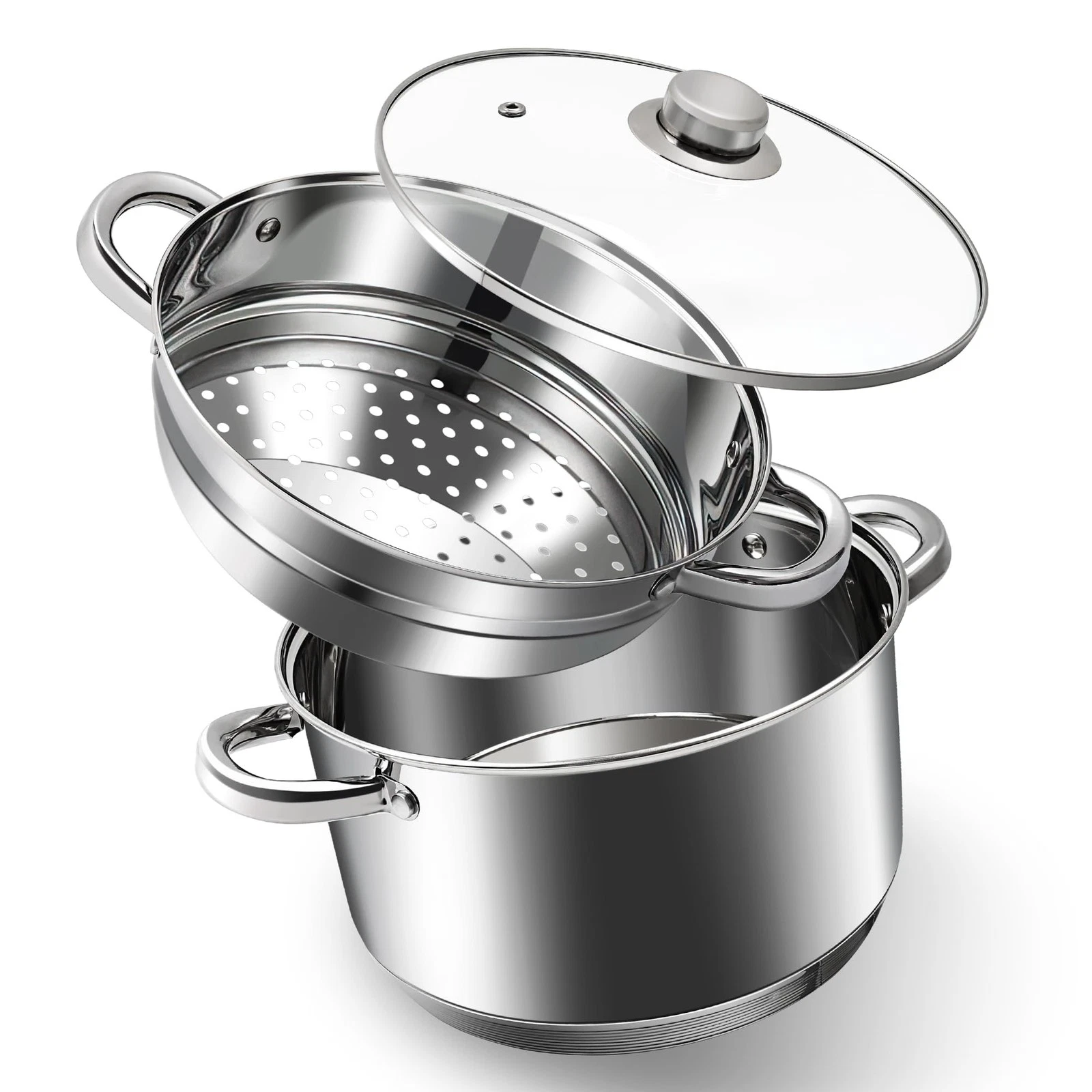 ® 6 Quart 18/10 Stainless Steel Tri-ply Stockpot and Steamer with Tempered Gl...
