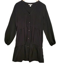 Nine West Dress M Black Dress Tiered Skirt Button Up Long Sleeve