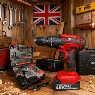 48V Cordless Hammer Drill Set with 2x Batteries, Impact Driver & Screwdriver