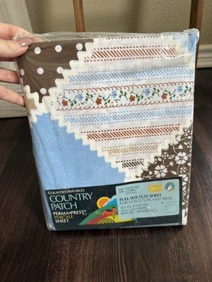 1970s COUNTRY PATCH Sears Perma Prest FULL FLAT Sheet Brown Blue New 81x104  Vtg